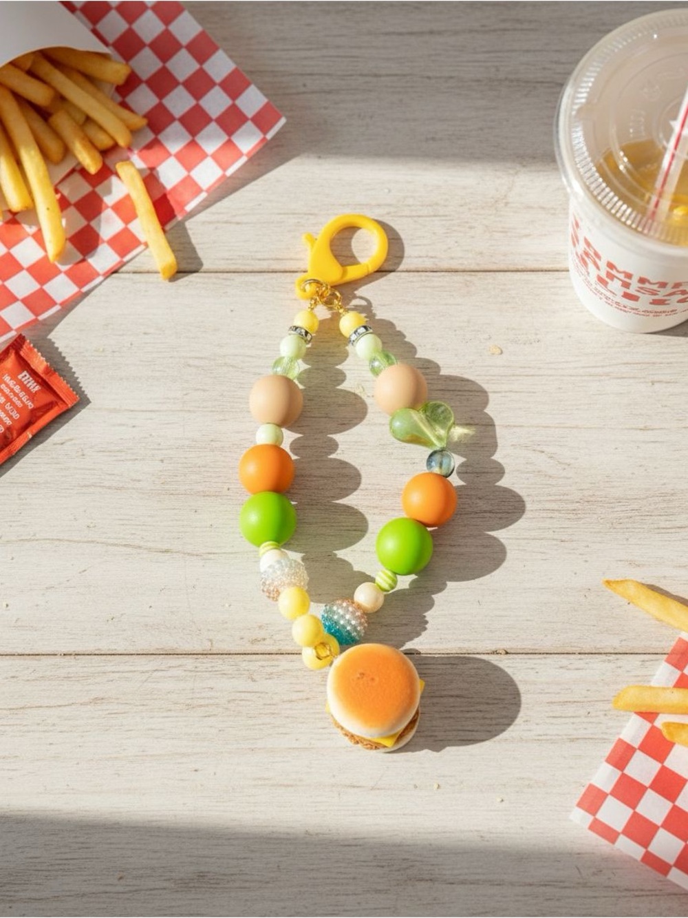 Beaded Phone/key Chain with Mini Breakfast sandwich Charm - Kawaii